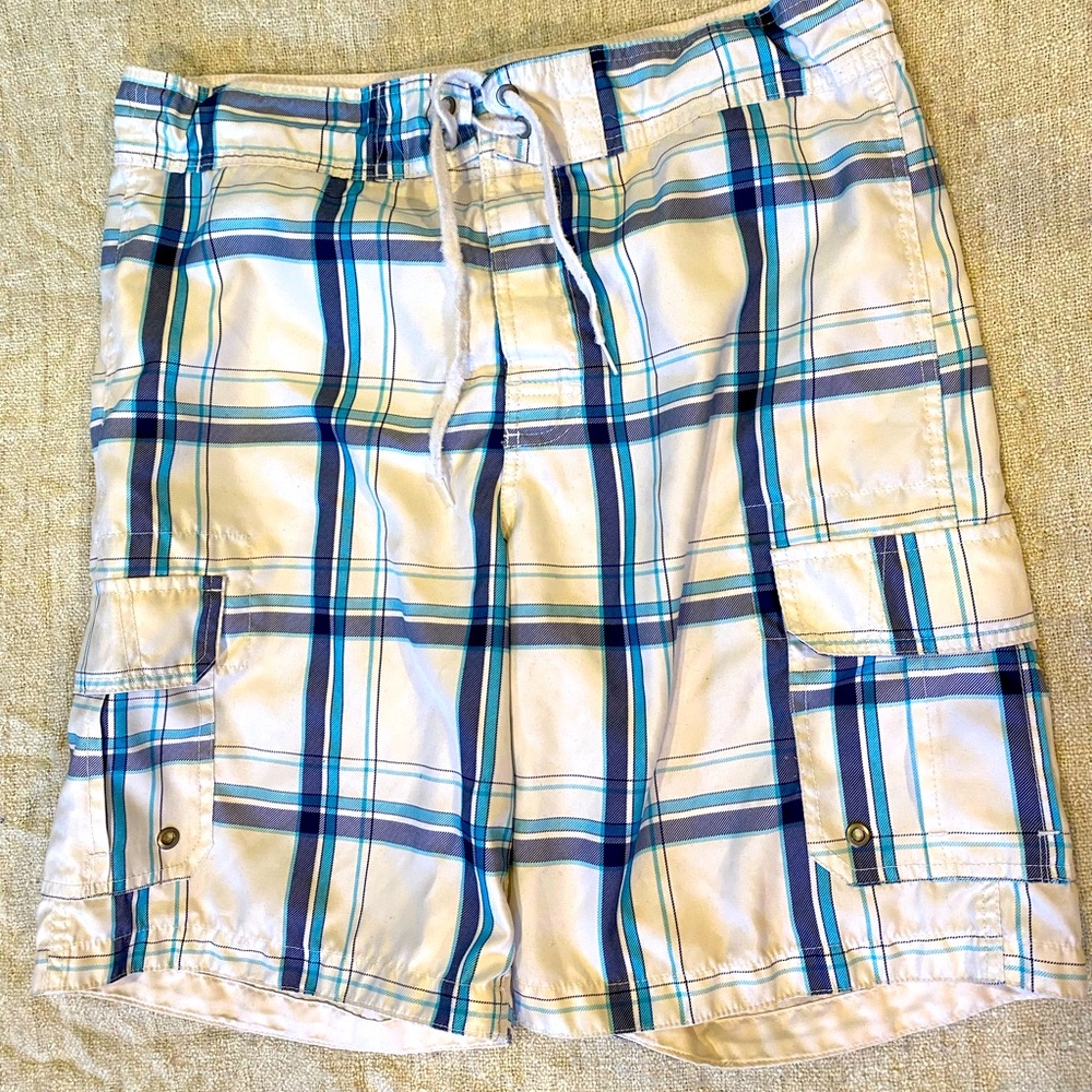 Men's merona swim trunks white/blue plaid sz medium hook and loop fly drawstring